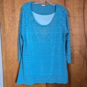 REBA Turquoise 3/4 Sleeve Lined Beaded Women Top | Size XL